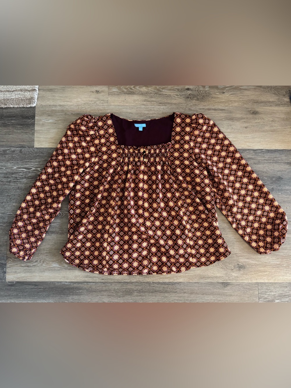 Draper James Burgundy and Gold Printed Square-Neck Blouse